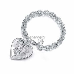 Chain Hot Sale Chunky Chain 925 Sterling Silver Photo Locket Bracelet Vintage Flower Heart Drop Bracelets Pulsera Gift Valentine's DaY YQ231130