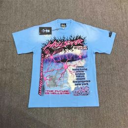 Men s t Shirts Hellstar Cotton Shirt Vintage Wash Blue Tie Dye Print 1 Label High Quality Couple Top Short Sleeve 231130