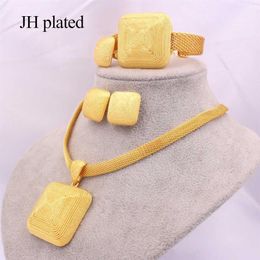 Dubai gold 24K Jewelry sets for women African bridal Wedding gifts party Necklace square earrings ring bracelet jewellery set Y200290d