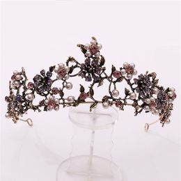 Baroque Vintage Black Purple Crystal Pearls Bridal Tiaras Crown Pageant Diadem Veil Tiara Wedding Hair Accessories 210701200T