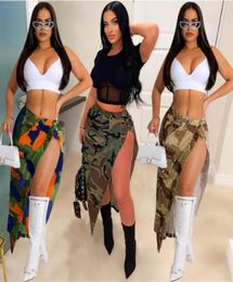 Skirts Echoine Green Camo Print Denim Skirt Hight Waist Sexy Split Button Tassel Fashion Long Street Clubwear Summer 20234916639