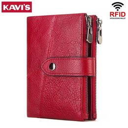 KAVIS Genuine Cow Leather Women Wallets Pocket Ladies Female Purse Clutch Small Wallet Short Card Holder Girls Fashion Red Color193y