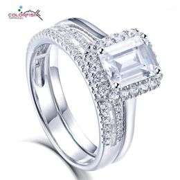 Cluster Rings COLORFISH 1 5ct Sets Luxury Emerald Cut Gem Solid 925 Sterling Silver Wedding Band For Women Engagement Jewelry Part211U