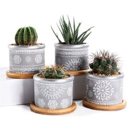 4In Set 2 95Inch Cement Succulent Planter Pots Cactus Plant Pot Indoor Small Concrete Herb Window Box Container With Bamboo Y20072335W