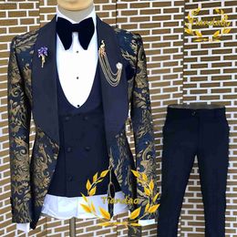 Men's Suits Blazers Gold Pattern Men Suit Jacket Pants Vest 3 Piece Set Wedding Groom Tuxedo Formal Party Fashion Lapel BlazerL231129