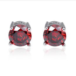 12 Pairs Luckyshine Red Zircon Crystal Gems Silver Plated Stud Earrings Fashion Simple European Holiday gift Earrings Stud for Uni323m