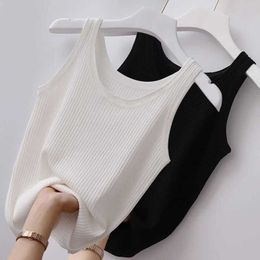 Women's Tanks Camis Summer Knit Vest Top sexy Sleeveless O Neck Women Camisole Pure Colour Black White t-shirt Solid Colour Plus Size Slim Tank Top Y2302