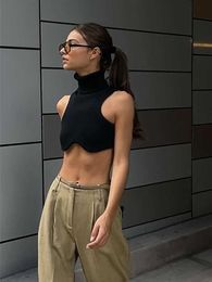 Women's Tanks Camis Y2k Black Knitting Turtleneck Crop Top Women Sexy Irregularity Skinny Elasticity Tank Top Fashion Club Top Streetwear Y2302