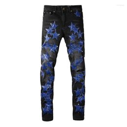 Men's Jeans Men Blue Leather Star Patches Stretch Denim Streetwear Skinny Tapered Pants Hole Ripped Black Trousers