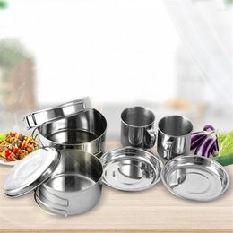 Plates 8Pcs/Lot Stainless Steel Backpacking Camping Cookware Set Picnic Cooking Pot Milk Pan Dinner Plate Portable Outdoor Tableware