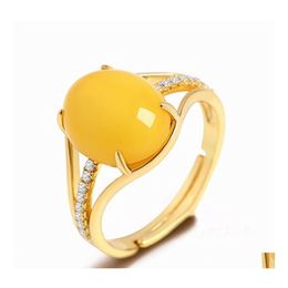 With Side Stones Retro Classic Ethnic Style Inlaid Amber Beeswax Ring Vintage Yellow Suitable For Women Jewellery Gifts Drop Delivery Dhkif