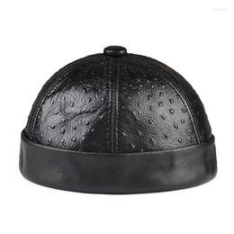 Berets Men's Real Leather Small Dots Print Distressed Round Hat Male Winter Hexagon Retro Caps Students Hip Brimless Dome Beanies