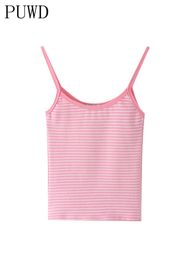 Women's Tanks Camis PUWD Casual Women Pink Striped Print Soft Cotton Tank 2022 Summer Fashion Ladies Vintage Slim Short Tops Female Chic Crop Top Y2302