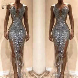 Gorgeous Silver Mermaid Prom Dresses Sexy See Through Sequins Bodice Split Long Women Occasion Evening Gowns Custom Made BC0621
