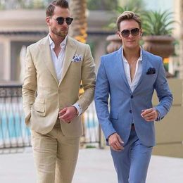 Men's Suits 2023 Ivory Linen Men For Beach Wedding Groom Tuxedos Notched Lapel Terno Two Pieces Groomsmen Wear Slim Fit