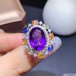 Cluster Rings KJJEAXCMY Fine Jewellery 925 Sterling Silver Inlaid Amethyst Colour Sapphire Women's Exquisite Classic Oval Gem Adjustable