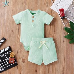 Clothing Sets Baby Boy Girl Casual Summer Knitted Solid Short Sleeve Button Romper Loose Shorts 2pcs Outfits