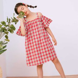 Girl's Fashion Summer New Cotton Children Off-Shoulder Baby Girls Plaid Cute Kids Casual Dresses #8611