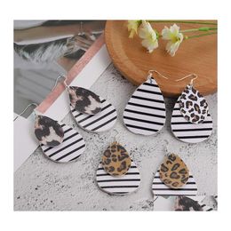 Charm Fashion Leather Leaf Waterdrop Dangle Earrings Zebra Black White Stripes Leopard Double Layer Earring For Elegant Girls Women Otaqi