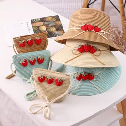 Wide Brim Hats 2pcs Set Kids Baby Outdoor Cartoon Hat And Bags Summer Child Girl Holiday Casual Beach Straw Sun Cap Panama Gorros Scot22