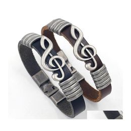 Charm Bracelets Europe Fashion Jewelry Mens Retro Buckle Alloy Large Music Notes Leather Bracelet Drop Delivery Dhcqp