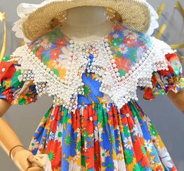 Girl's es No Hat European American Style Summer New Children'S Clothing Girls Baby Kids Princess Party Lace Lapel Floral Dress