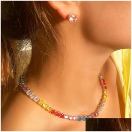 Earrings Necklace Hiphop Designer Jewellery Set Colorf Tennis Earring African Sets Red Blue White Aaa Cubic Zirconia Woman Diamond N Dhcns