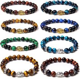 Strand Natural Tiger Eye Stone Beads Bracelet 8mm Lava Buddha Head Charm Bracelets Energy Healing Yoga For Men Women Jewelry