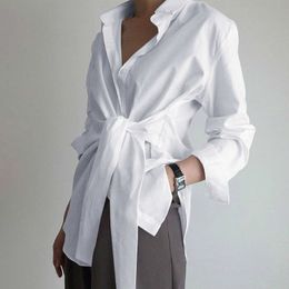Women's TShirt Fashion Bow Women Long Sleeve Blouse White Casual Lace Up Shirts Elegant Lapel Neck OL Asymmetric Tops Spring Blusas Femininas 230131
