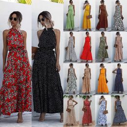 Casual Dresses 2023 Women Maxi Dress Sexy Floral Print Off Shoulder Halter Neck Strap Summer Ruffles Lace Up Beach Boho Sundress