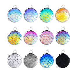 Mermaid Scale Pendant Key Rings Fish Scale Charm Fit Earring Bracelet Stainless Steel Round Pendants for Jewellery DIY Accessories