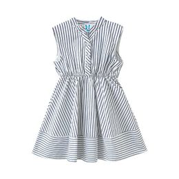 Girl's es 4 To 14 Years Cotton Girls Korean Baby Clothes Stripe Kids Shirt Dress White and Black Children Sundress Buttons #6008 0131