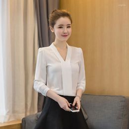 Women's Blouses 2023 Summer Chiffon Women Blouse V-neck Solid Office Lady Work White Shirts Long-sleeved Slim Fashion Outwear Tops