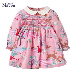 Flickans klänningar Little Maven Baby Girls Long Sleeves Dress Pink Cotton Animal Lovely Children Casual Clothes Fashion For Kids 28 Year