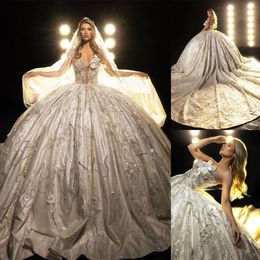 Luxurious Applique Arabic Wedding Dresses Ball Gown Sleeveless Backless Bridal Dress Beading Crystal Custom Made