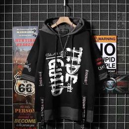 Men's T-Shirts Men's hip hop street style T-shirt personality ribbon fake two hooded fashion cotton T-shirt Y2302