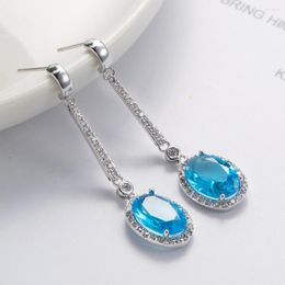 Hoop Earrings Fashion Blue Zircon Long For Women Korea Creative Temperamental Tassel Dangle Drop Wedding Jewlery Gift