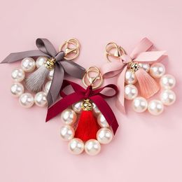 Keychains Pearl Bow Keychain Women's Bracelet Bag Pendant Car Key Chain Fashion Tassel Ring Girls Jewellery Accessories Gift