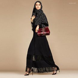 Ethnic Clothing Muslim Fashion Black White Dot Lace Cardigan Robe Turkish Islamic Women Saudi Arabia Ramadan Skirt Abaya Morocco