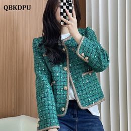 Womens Jackets Chic Design Sequins Green Plaid Tweed Cropped Jacket Women Korean Fashion Buttons Short Coat Vintage Luxury Chaquetas De Mujer 230131