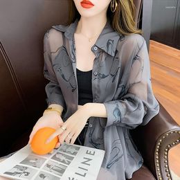 Women's Polos Grey Chiffon Shirt Summer Women's Long-sleeved Sunscreen Blouse Cardigan Thin Female Loose Tops