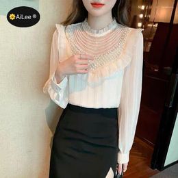 Women's Blouses Women Splicing Beading Chiffon Blouse Lady Party France Style Elegant Shirts Ruffles Lace See Through Designer Tuxedo