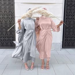 Ethnic Clothing 3 Pieces Muslim Sets Eid Satin Abayas for Women Dubai Hijab Dress Open Abaya Kimono Islam Modest Outfit Wrap Front Maxi Skirt 230131