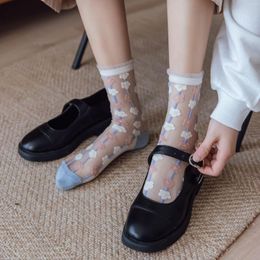 Women Socks Fashion Summer Crystal Silk Novelty Harajuku Floral Kawaii Cute Ultra-thin Transparent Fishnet Mesh Lace