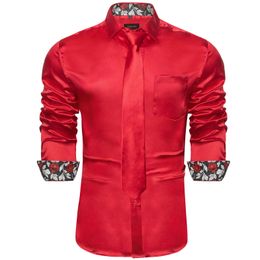 Men's Casual Shirts Red Rose Floral Stretch Satin for Splicing Contrasting Long Sleeve Social Dress Shirt Designer Clothing 230201