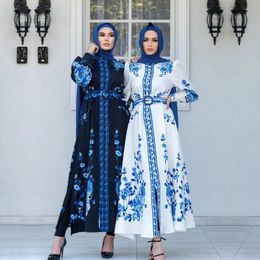 Ethnic Clothing Turkish Abaya For Women Tasbih Musulman Long Sleeve Stand Collar Printed Large Swing Dress Islam Moroccan Caftan Woman