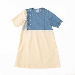 Girl's es Denim Patchwork Teen Kids Midi Dress 2022 Baby Girls Clothing Ruched Buttons Fashion Clothes Cute 100% Cotton #6996 0131