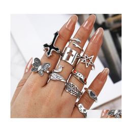 Band Rings Fashion Jewelry Knuckle Ring Set Retro Exaggerated Cross Frog Peacock Butterfly Cry Face Huge Heart Stacking Midi Sets Dr Dhl0Z