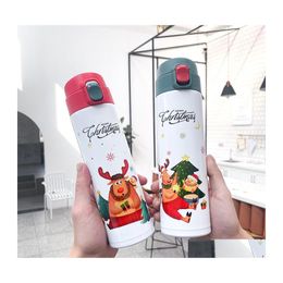 Water Bottles 450Ml Christmas Bottle Cute Cartoon Santa Claus Elk Insate Vacuum Thermos Stainless Steel Lovely Travel Mugs Flask Dro Dhfwa