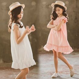 Girl's Summer Girl Ruffle Dress Teens Kids Cotton Linen Vintage Dresses Big Loose Princess Party Frocks Girls Vestidos Age 3-14